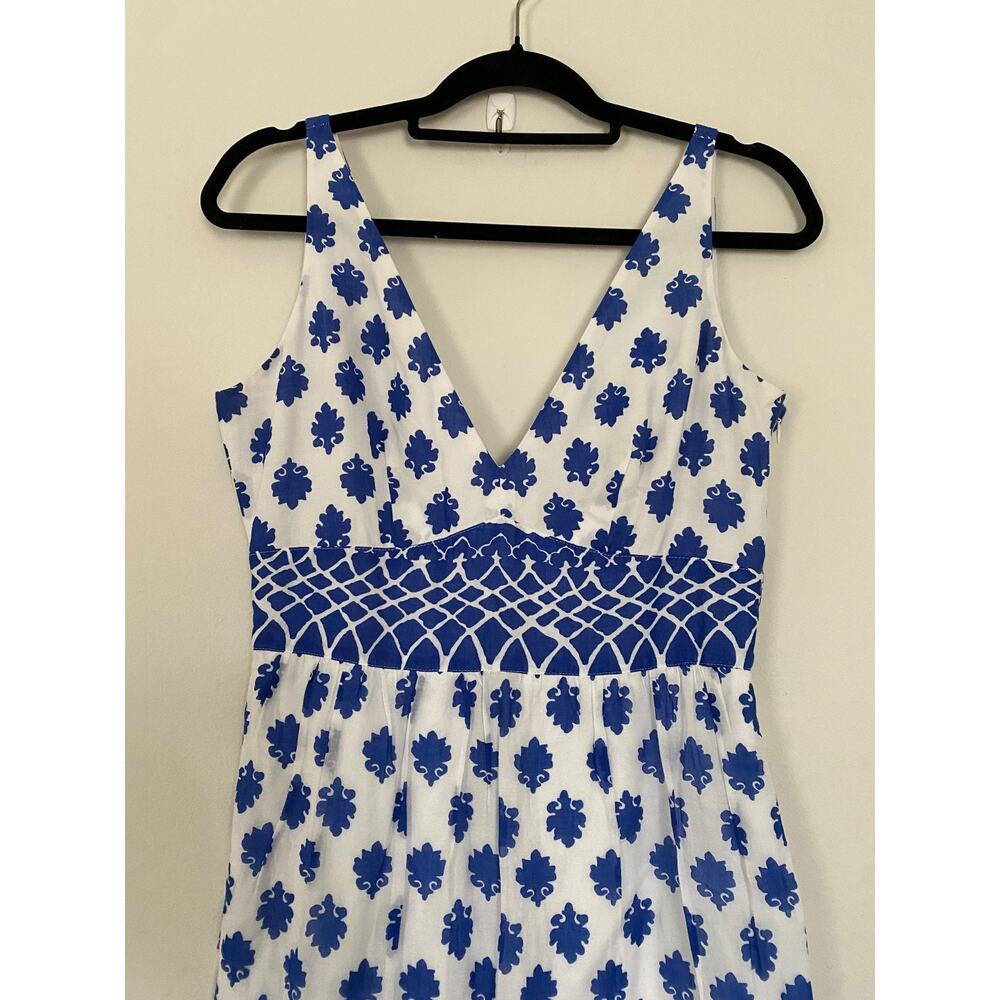 J.Crew Womens 4 V-Neck Maxi Dress Santorini Blue Block Print Cotton Tiered India - Picture 3 of 13